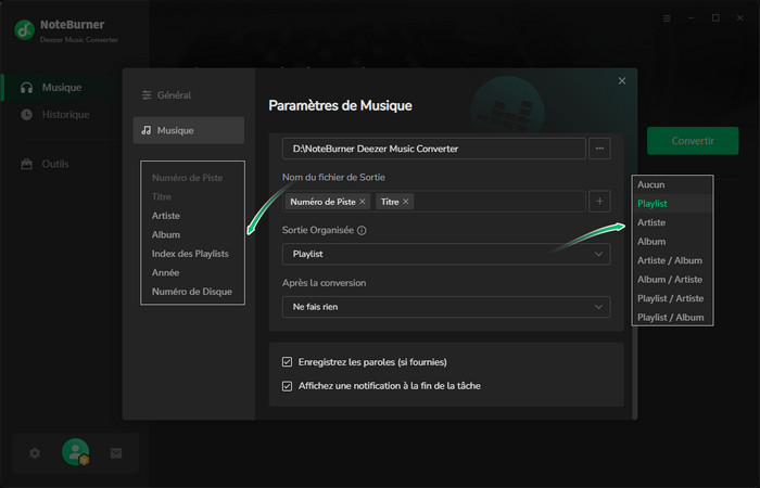 Choisissez les paramètres de sortie