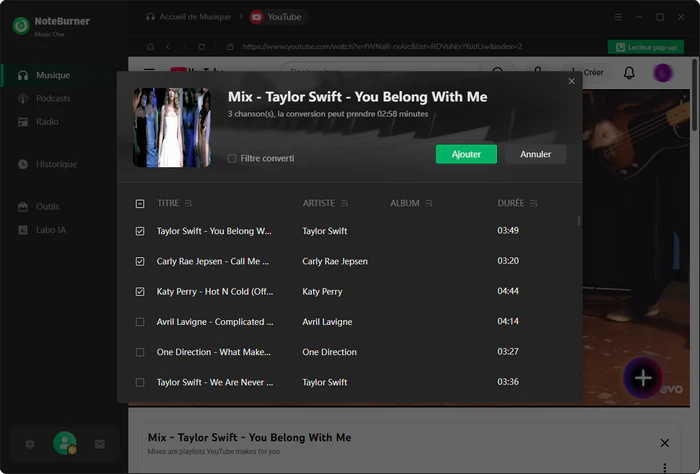 Ajouter des pistes YouTube à NoteBurner