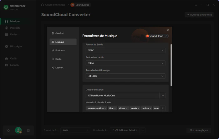 Choisissez WAV comme format de sortie