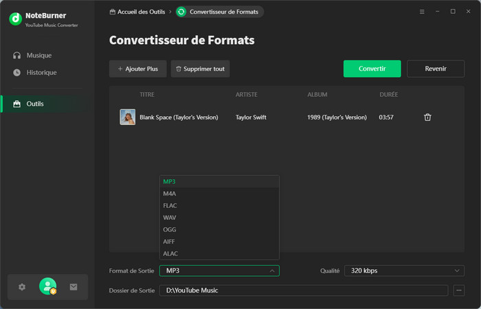 Convertir un fichier musical local en MP3/M4A/FLAC/WAV/OGG/AIFF