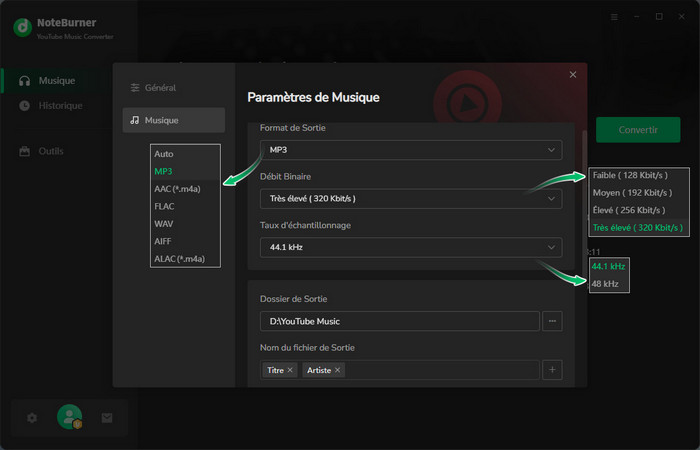 Ajustez les paramètres de sortie