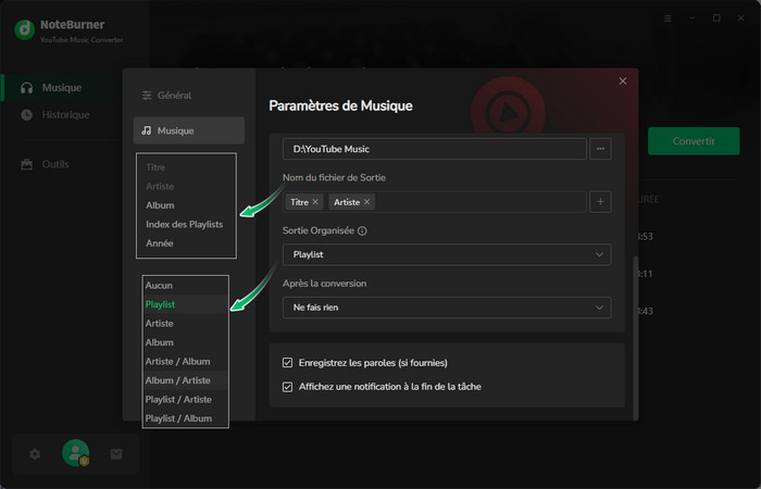 Ajustez les paramètres de sortie