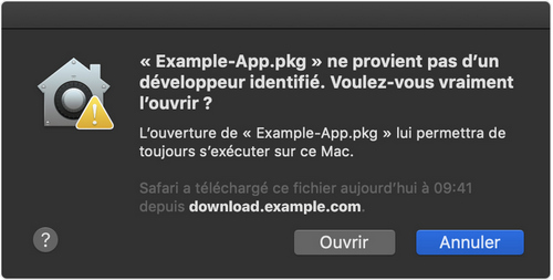 message d’avertissement sur application provient d'un développeur non identifié