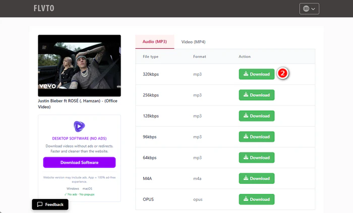 Sélectionner le format de conversion sur Flvto