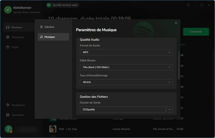 Définir les paramètres de sortie Spotify