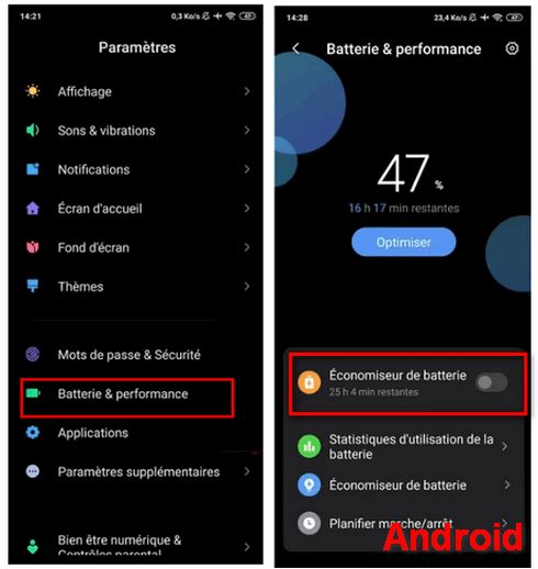 Désactivez le mode économie d'énergie Android