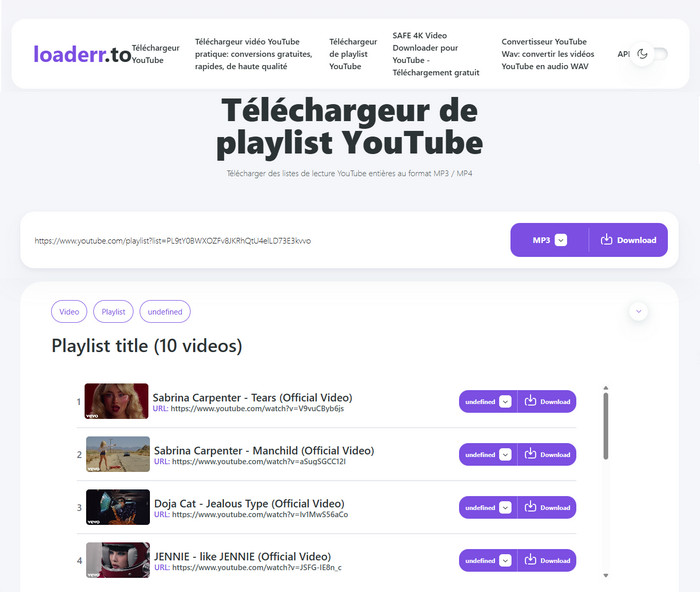 Téléchargeur de YouTube Playlist : loaderr.to