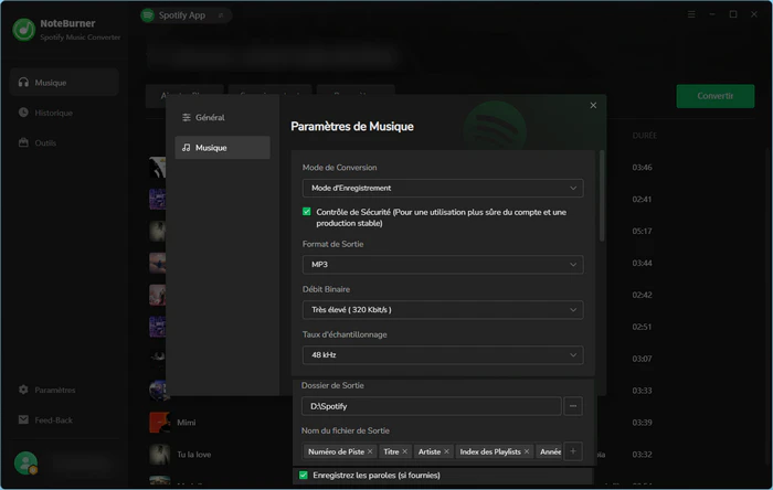 Paramètres de sortie audio Spotify sur NoteBurner