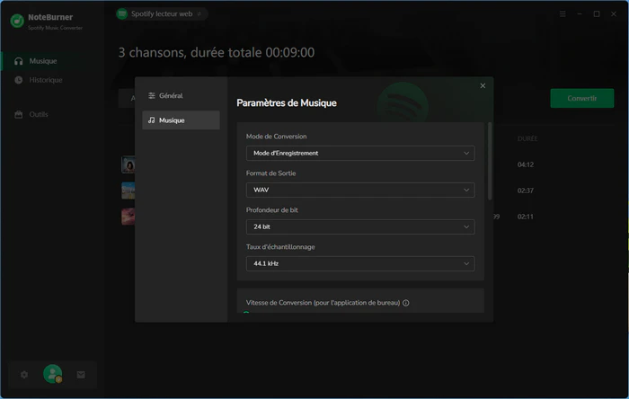 Sélectionnez WAV comme format de sortie