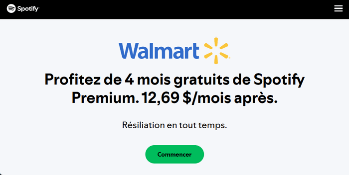  Spotify 4 mois gratuit avec Walmart