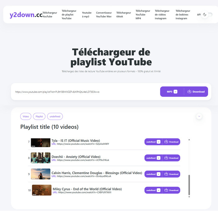 Téléchargeur de playlist YouTube : y2down.cc