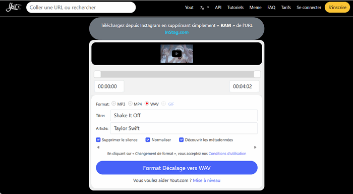 Changer Format YouTube en WAV : Yout