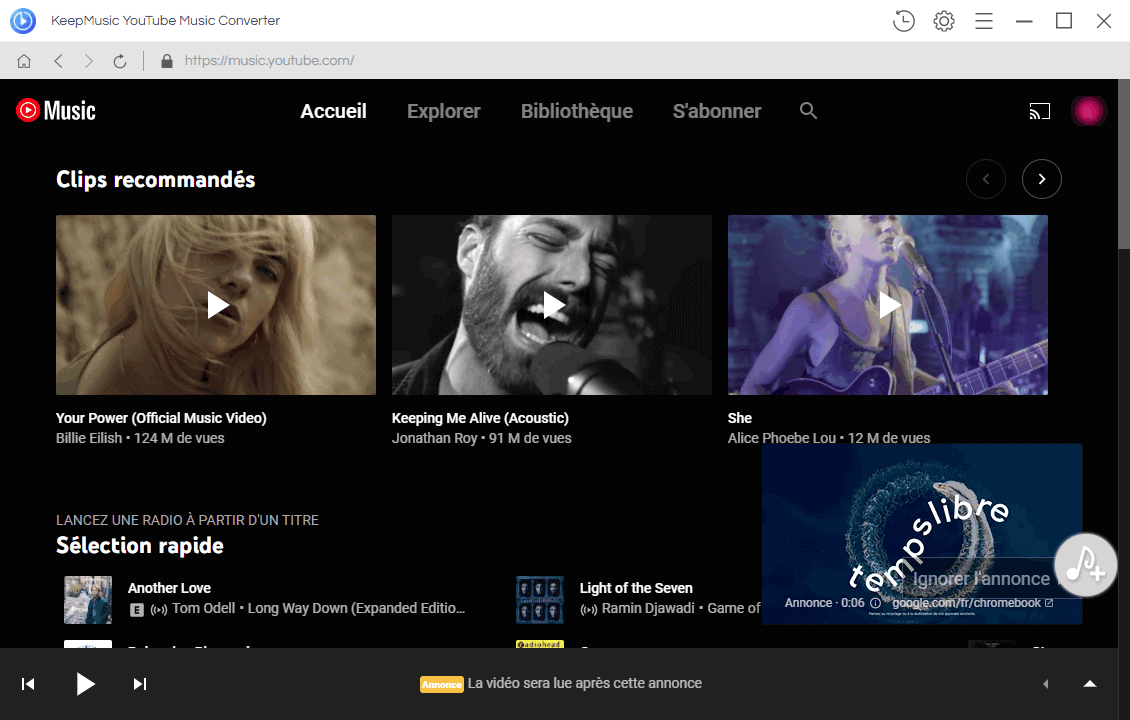 Ouvrir YouTube Music Web Player